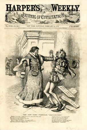 The New York Tribune's "Disclosures". [Anschließend folgt ein Textblock] : Uncle Sam, als Othello verkleidet streitet sich mit Iago, der durch Whitelaw Reid dargestellt wird