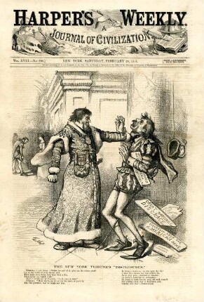 The New York Tribune's "Disclosures". [Anschließend folgt ein Textblock] : Uncle Sam, als Othello verkleidet streitet sich mit Iago, der durch Whitelaw Reid dargestellt wird