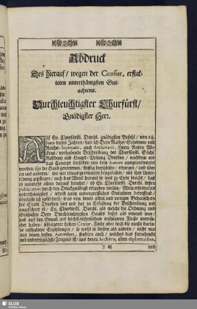 Abdruck Des hierauf/ wegen der Censur, erstatteten unterthänigsten Gutachtens.