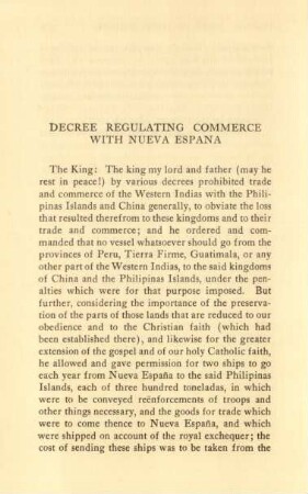 Decree regulating commerce with Nueva Espana