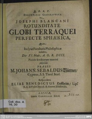 Dissertatio Geographica De Josephi Blancani Rotunditate Globi Terraquei Perfecte Sphaerica