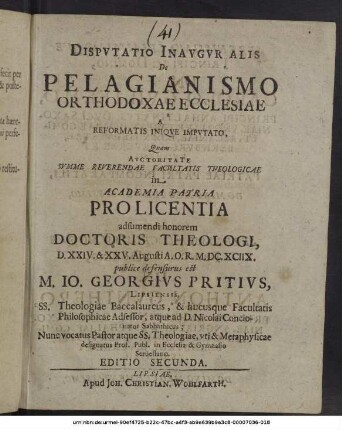 Disputatio Inauguralis De Pelagianismo Orthodoxae Ecclesiae A Reformatis Inique Imputato