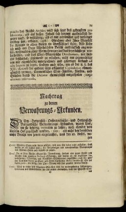 Nachtrag zu denen Verwahrungs- Urkunden.