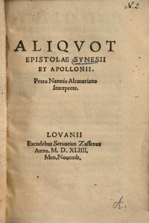 Aliquot epistolae Synesii et Apollonii