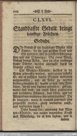 CLXVI. Standhaffte Gedult bringt häuffige Früchten. Gedicht