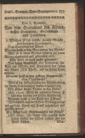 Das L. Examen. Von dem Sacrament des Altars, dessen Einsetzung, Geheimniße und Handlung