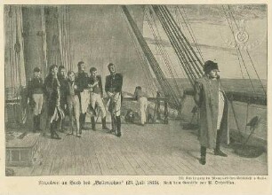 Fahrt am 23.07.1815 in die Gefangenschaft St. Helena: Kaiser Napoleon I. an Bord der HMS Bellerophon, stehend, Blick zur See gewandt, dahinter ihn musternde Gruppe englischer Offiziere