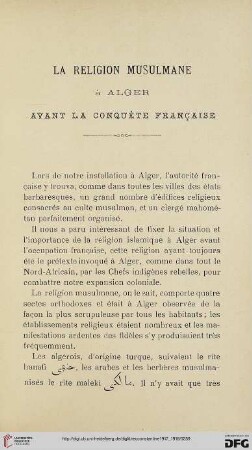 Sér. 5: La religion musulmane à Alger avant la conquête française