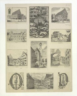 Sammelblatt mit 11 Ansichten von Ulm. Um 1880. (Drucke aus einem Buch)