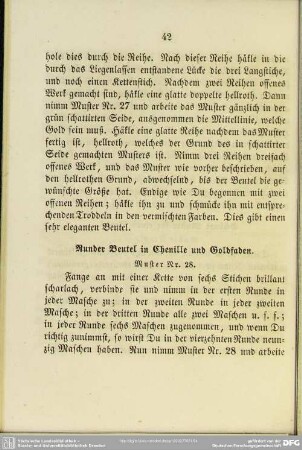 Runder Beutel in Chenille und Goldfaden. Muster Nr. 28