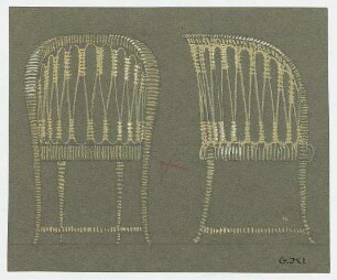 Entwurf eines Korbsitzmöbels : Vorder- und Seitenansicht eines Korbsessels mit hoher Armlehne, mit Kreuz markiert, signiert