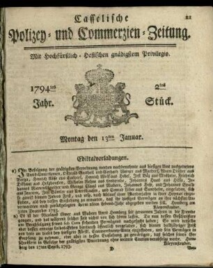 2tes Stueck, Montag den 13ten Januar 1794