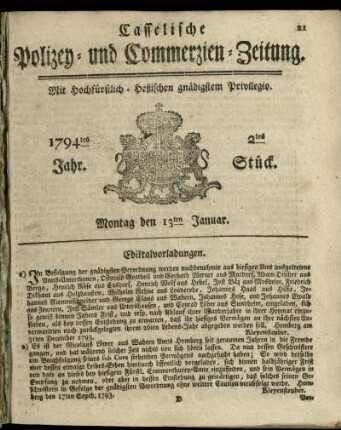 2tes Stueck, Montag den 13ten Januar 1794