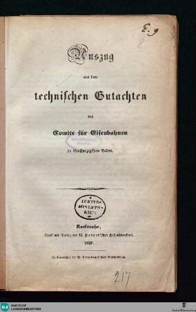 Auszug aus dem technischen Gutachten des Comité für Eisenbahnen im Großherzogthum Baden