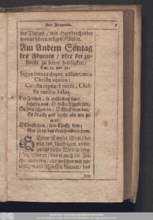 Am Andern Sontag des Advents/ oder der zukunfft zu seiner herrligkeit/ Luc. 21. ver. 25.