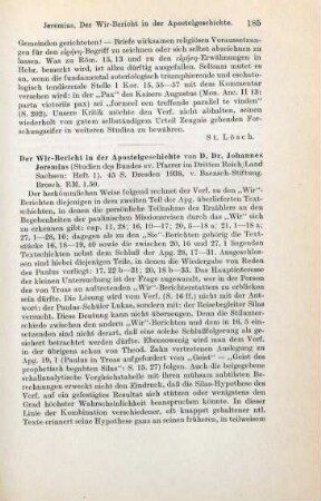 185-186 [Rezension] Jeremias, Johannes, Der Wir-Bericht in der Apostelgeschichte
