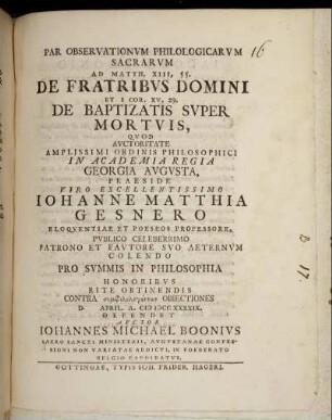 Par Observationum Philologicarum Sacrum Ad Matth. XIII,55. De Fratribus Domini Et I Cor. XV,29. De Baptizatis Super Mortuis