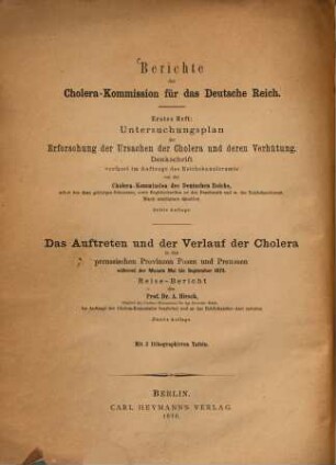Untersuchungsplan der Erforschung der Ursachen der Cholera und deren Verhütung : Denkschrift
