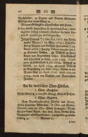 16-43, An die weltlichen Chur-Fürsten. An einen Frey-Herrn. An einen von Adel. An einen Ritter.