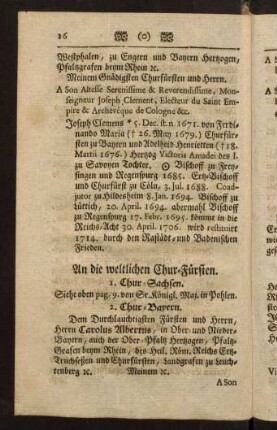 16-43, An die weltlichen Chur-Fürsten. An einen Frey-Herrn. An einen von Adel. An einen Ritter.