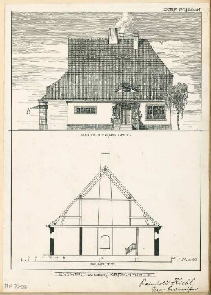 Dorfschmiede mit Spritzenhaus Monatskonkurrenz November 1903: Aufriss Seitenansicht, Querschnitt 1:100; Maßstabsleiste