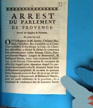 Arrest Du Parlement De Provence : Extrait des Registres du Parlement. Du quinze Juin 1756.