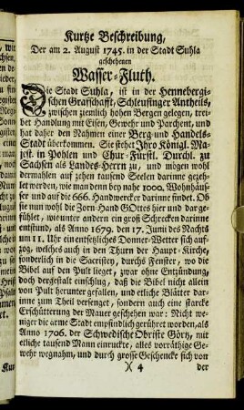 Kurtze Beschreibung, Der am 2. August 1745. in der Stadt Suhla geschehenen Wasser-Fluth. - Buß- und Danck-Gebet.