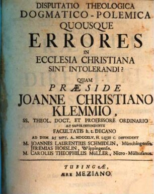 Disp. theol. dogm. polem. quousque errores in ecclesia christiana sint intolerandi?