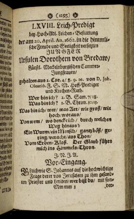 LXVIII. Jungfer Ursulen Dorotheen von Bredaw/ Fürstl. Meckelnburgischen Cammer-Jungfrauen/