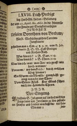 LXVIII. Jungfer Ursulen Dorotheen von Bredaw/ Fürstl. Meckelnburgischen Cammer-Jungfrauen/