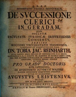 Diss. iur. inaug. de successione clerici in geradam