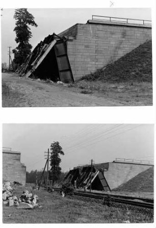 Eisenbahnunterführung Mannheim-Blumenau in km 560,876 Riedbahn. Gebaut 1939/40. Gesprengt im April 1945. Wiederaufbau der Fahrbahn Viernheim - Saarbrücken 1951, der Fahrbahn Saarbrücken - Viernhem 1960.