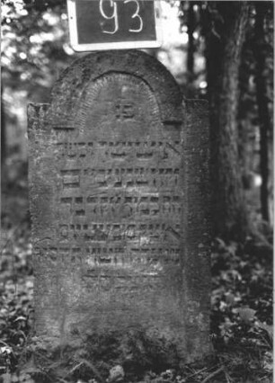 Grabstein 93 (Index: 99894980) Material: Sandstein Zustand: gut Maße HxBxT: 90x50x8 cm Beschreibung: Stele mit eingezogenem Rundbogenabschluss: Grabstein 93
