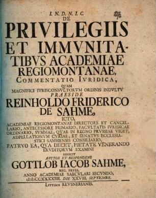 De privilegiis et immuvitatibvs academiae Regiomontanae commentatio ivridica