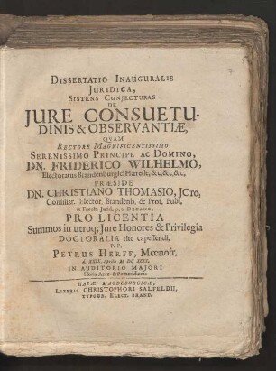 Dissertatio Inauguralis Iuridica, Sistens Coniecturas De Iure Consuetudinis & Observantiae