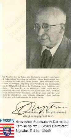 Bergsträsser, Ludwig, Prof. Dr.phil. (1883-1960) / Porträt, Brustbild, rechtsblickend / darunter Text und faks. Unterschrift