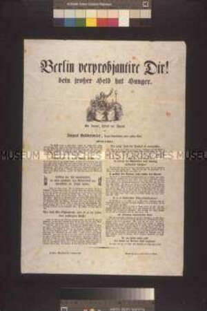 Satirisches Flugblatt: Berlin verprobjantire Dir! (Aujust Buddelmeyer); undatiert
