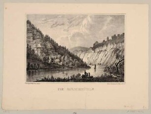 Das Elbtal in der Sächsischen Schweiz, links die Hirschmühle am Ausgang des Hirschgrundes nordwestlich von Schmilka (Bad Schandau), rechts die Schrammsteine