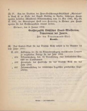 5. Ministerial-Bekanntmachung, betreffend Wechsel in der Hauptagentur der Feuer-Versicherungs-Gesellschaft "Rheinland" in Reuß