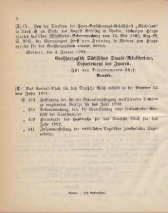 5. Ministerial-Bekanntmachung, betreffend Wechsel in der Hauptagentur der Feuer-Versicherungs-Gesellschaft "Rheinland" in Reuß