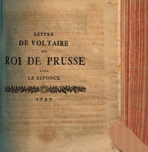 Lettre De Voltaire Au Roi De Prusse : Avec La Reponce