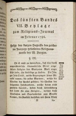 Des fünften Bandes VII. Beylage zum Religions-Journal im Februar 1786