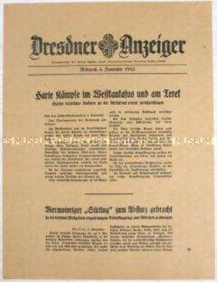 Nachrichtenblatt "Dresdner Anzeiger" mit Meldungen des Oberkommandos der Wehrmacht u.a. zum Kriegsgeschehen im Kaukasus und in Ägypten