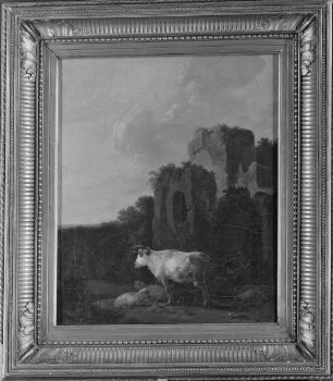 Hirte mit Kühen und Schafen am Wasser bei einer Burgruine