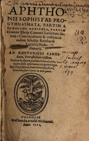 Aphthonii Sophistae Progymnasmata : Partim A Rodolpho Agricola, Partim a Ioanne Maria Catanaeo Latinitate donata: Cum luculentis & vtilibus in eadem Scholijs Reinhardi Lorichij Hadamarij. ...