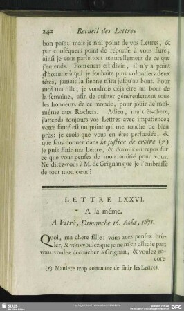 Lettre LXXVI. A la même. A Vitré, Dimanche 16. Août, 1671