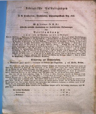 Literarische Ankündigungen von J. A. Finsterlin, Buchhändler, Schwabingerstraße Nro. 1646 : W. H. Levinau ... historisch-juridische Untersuchung der strafrechtlichen Bestimmungen über Verläumdung ...