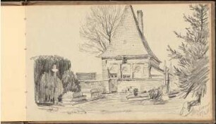 Skizzenbuch 1915: Friedhof mit Haus in Montcornet, perspektivische Ansicht