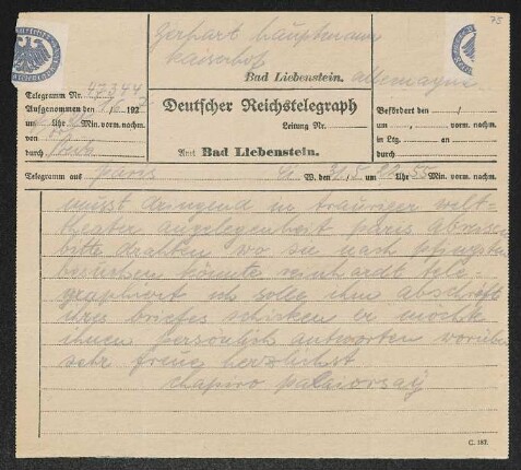 Brief von Joseph Chapiro an Gerhart Hauptmann