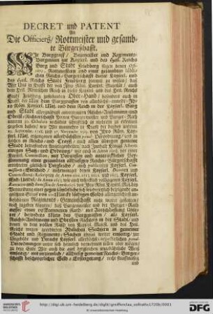 Decret und Patent an die Officiers/ Rottmeister und gesambte Bürgerschafft